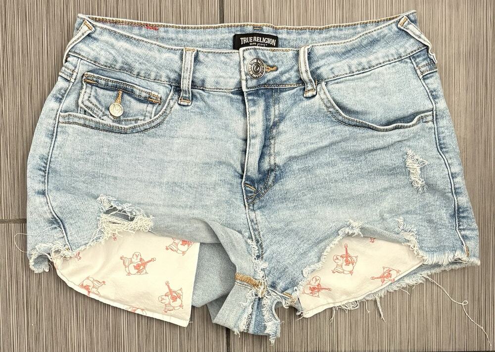 True Religion Distressed Denim Shorts Size 29 Exposed Front Pocket Liner